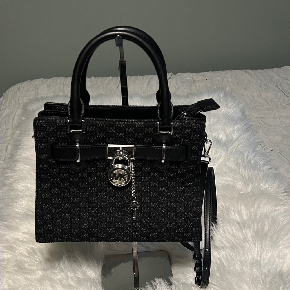 Michael Kors Hamilton Washed Denim Black and Silver Satchel